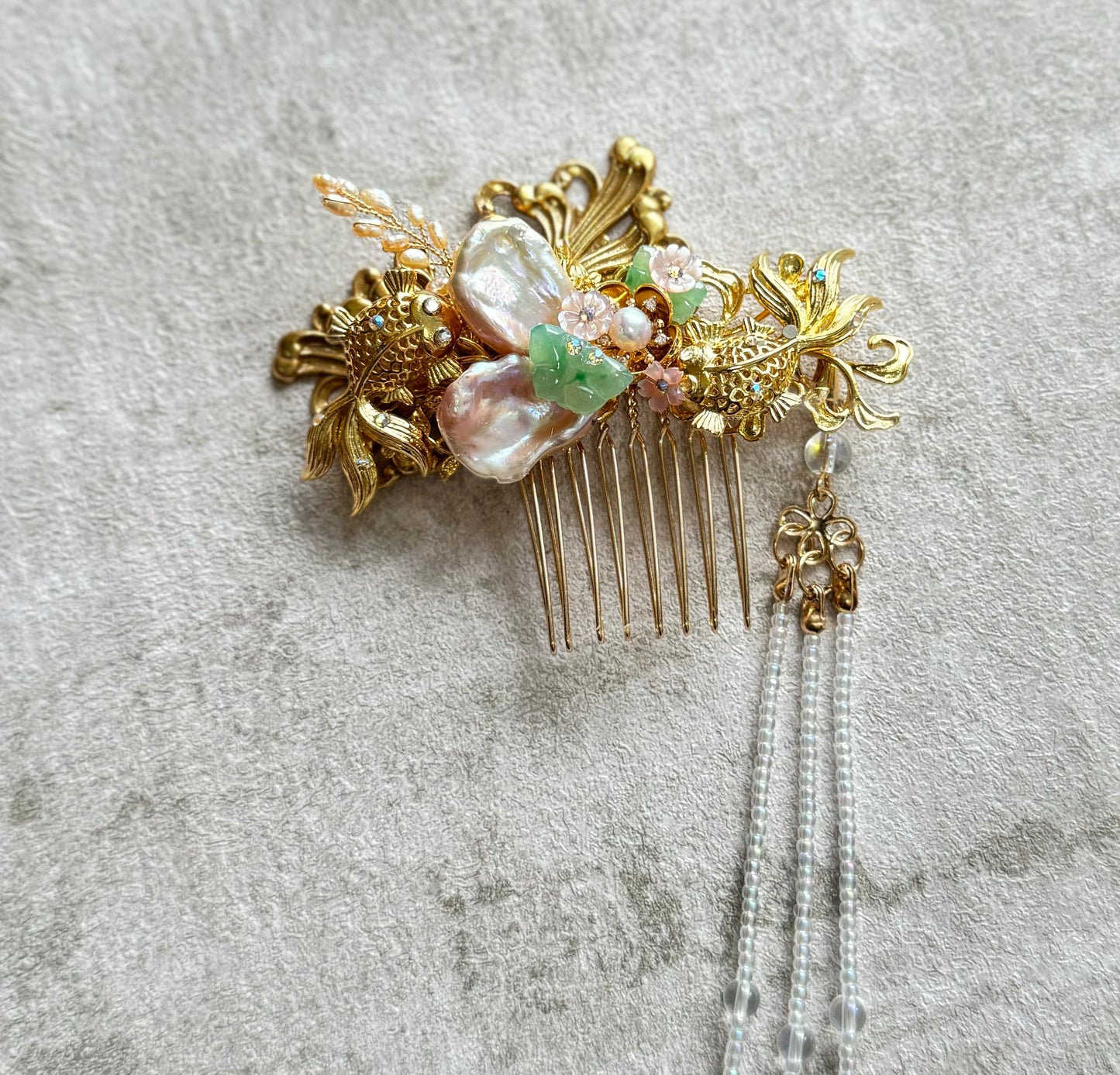 Golden Fishes Jade Hair Comb for Cheongsam