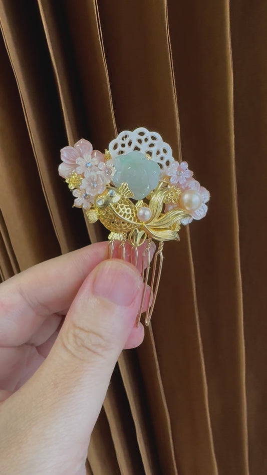 Light Green Lotus Goldfish hair comb for Cheongsam